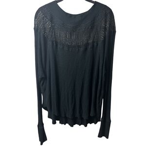 Free People Black Henley Long Sleeve Insert Lace Top